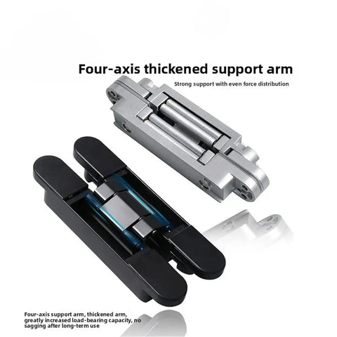 Sleek Concealed Door Hinge Featuring A Tight Cross Shaped Wooden Pull Handle For Dead Simple Hidden Wall Integration And Heavy Duty Smooth Ride Performance Indoors, showcasing black and silver finishes.