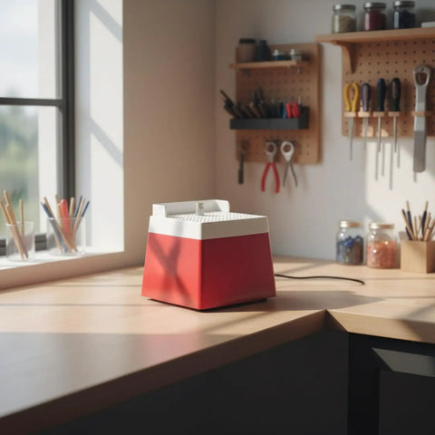 Compact Electric Glass Edge Smoothing Grinder With Drop Dead Accurate Water Drain Plate And Straight Up Settings For Crafters on a workspace.