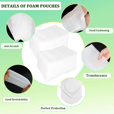 Top Shelf 100 Pack Foam Pouches 8x10 Inch Lightweight Cushion Wrap For Moving Day, showcasing details like stretchability and translucence.