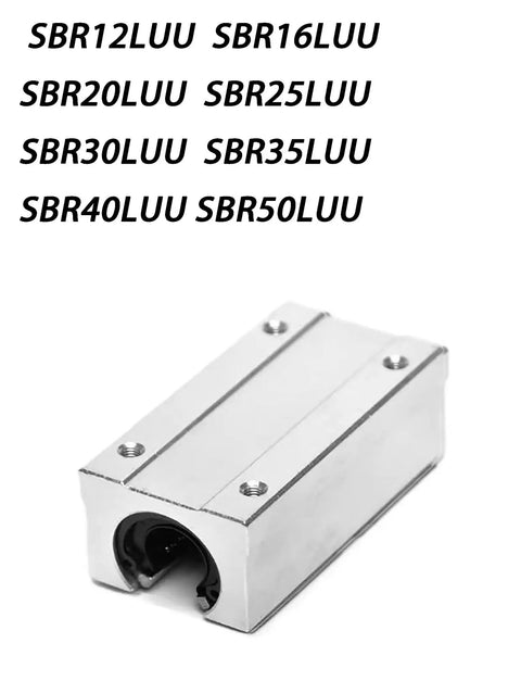 Heavy Duty SBR50UU Linear Motion Ball Bearing Slides With Smooth Gliding Action For Hassle Free CNC Machine Setup and Rock Solid Open Type Slider Block Assembly, silver metal slider block side view.