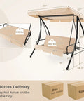 Diagram of 2 In 1 Convertible Porch Swing Bed With Adjustable Canopy And Removable Cushions Solid Metal Frame showing dimensions and weight capacity, with boxes for delivery.