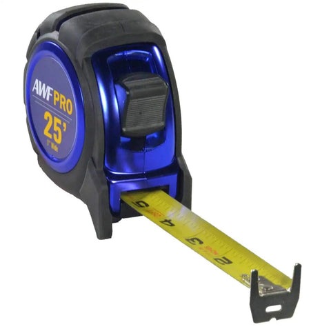 Hella Precise Laser Distance Measuring Kit With Slick Carry Case For Jobsite Tasks. Compact blue tape measure unrolled to 5 feet.