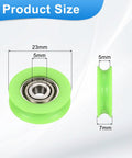 10 Piece Green U-Groove Nylon Plastic Guide Bearings Rollers 5X23X7mm detailed size dimensions with measurements shown.