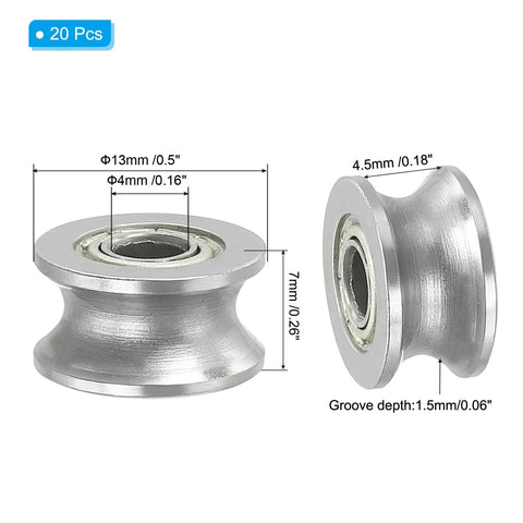 Premium Quality U Groove Bearings 20 Pack Carbon Steel Sealed Ball Bearings 4Mm Bore with dimensions and details shown.