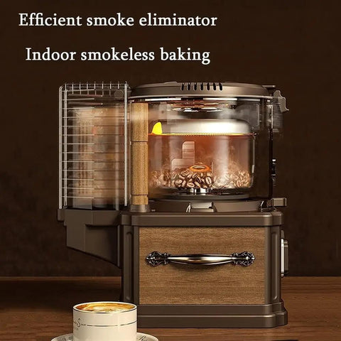 Sleek electric coffee bean roaster with smoke eliminator for indoor smokeless baking, enhancing Kickin Fresh Roasts Daily.