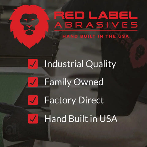 Brand logo and qualities of Red Label Abrasives, showcasing industrial quality, family owned, factory direct, hand built in USA.