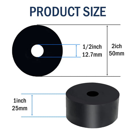 Heavy Duty Rubber Vibration Pads Kickstart Your Rig With This 8 Pack Of Black Insulation Washers showing 2 inch outer diameter and 1 inch thickness.