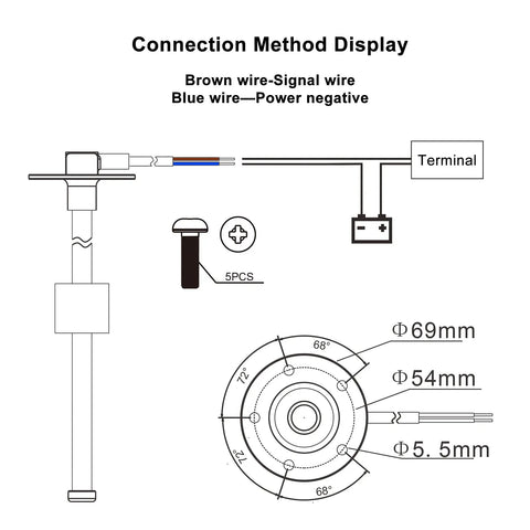 Connection diagram for Hefty 316 Stainless Steel Fuel Level Sender with wiring details and measurements for installation.