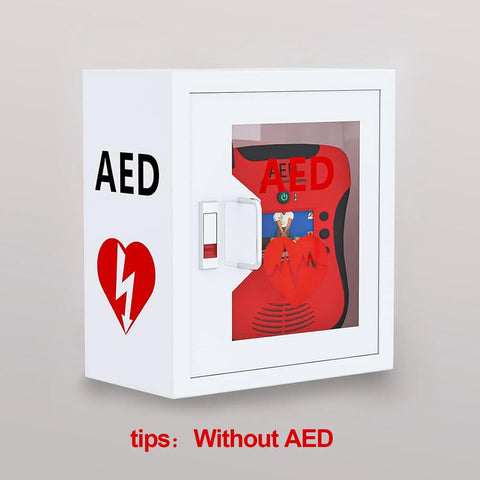 AED cabinet, white metal wall-mounted, front view with glass window and left AED label