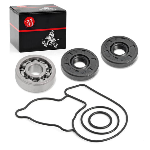 Heavy Duty Water Pump Rebuild Kit With Premium Oil Seals O Rings And Precision Bearings For Kawasaki Kx250f with parts in black box.