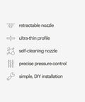 Infographic detailing features of FreshSpa Thinline Precision Bidet Attachment For Toilet Seats With Adjustable Water Pressure Side Arm