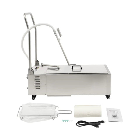 Heavy Duty 55L Commercial Fryer Filter System With Oil Filler Cart Truck Separator, stainless steel with hose and accessories.