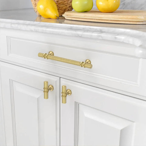 Slick 10 Pack Knurled Brushed Gold Cabinet Handles 5 Inch Center To Center For Kitchen Cupboard Drawer Pulls on white cabinets.