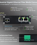 Rock Solid Mini Industrial Gigabit Ethernet Switch With Din Rail Mount And Fiber Optic Converter interface with optical and Ethernet ports.