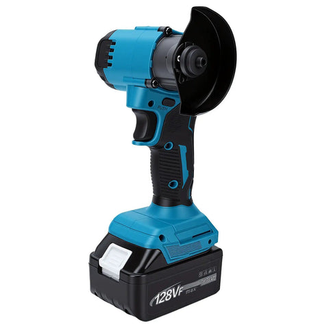 Compact Cordless Mini Circular Saw And Angle Grinder High Speed Cut Off Tool Kicking Up Dust With Zero Cords, blue handheld tool with battery.