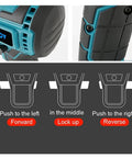 Close-up of Heavy Duty Cordless Electric Rivet Nut Gun Kit For Installing Pop Rivets And Hex Insert Nuts Quick As A Wink With Dual Batteries controls and functions.