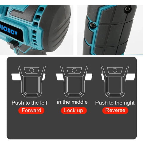 Close-up of Heavy Duty Cordless Electric Rivet Nut Gun Kit For Installing Pop Rivets And Hex Insert Nuts Quick As A Wink With Dual Batteries controls and functions.