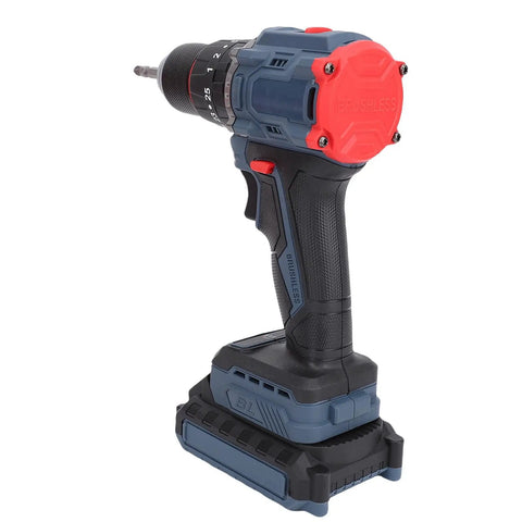 Heavy Duty Cordless Drill Kit Bad Boy with 1500 RPM and 25 Torque Settings side view with black and blue design for wood or plastic tasks.