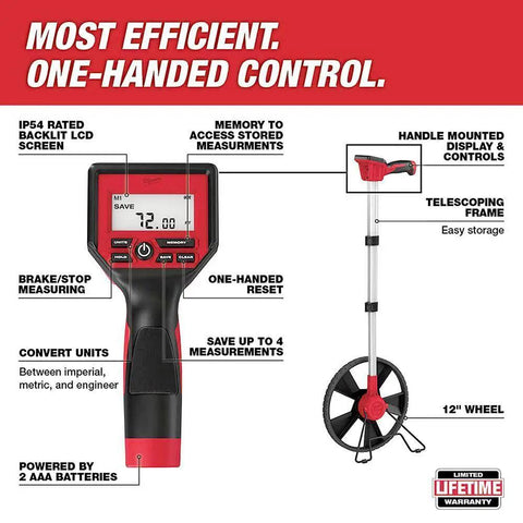 Built Different 12 Inch Digital Measuring Wheel Featuring Smooth Rubber Treader And Sturdy Spoked Frame Engineered For Precision Layouts And Heavy Duty Construction Projects hooks with Milwaukee Gear, showing backlit LCD and controls.