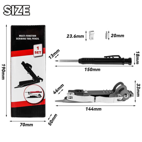 Built Tough Aluminum Alloy 4 In 1 Multipurpose Scribing Tool With Deep Hole Construction Pencil side view with measurements.