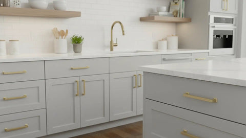 Straight Fire Brushed Gold Cabinet Pulls And Drawer Handles Six Pack seriously heavy duty metal on grey kitchen cabinets.