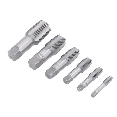 Rock Solid Six Piece NPT Pipe Tap Set Made From Super Strong Carbon Steel For Easy Plumbing Repairs, PVC Fitting Fixes And Auto Work Including Rethreaded Jobs On 18 To One Inch Pipes. six carbon steel NPT pipe taps 1/8 to 1 inch