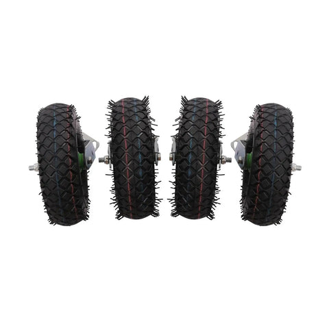 Heavy Duty 10 Inch Pneumatic Caster Set Four Piece Swivel And Rigid Wheels showing durable rubber tires with rugged tread.