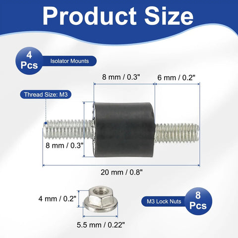 Heavy Duty Rubber Vibration Isolator Mounts Anti Shock Engine Struts With Solid Lock Nuts, sized 20mm and M3 for motors.