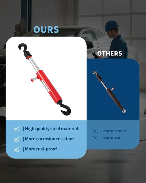 Badass 10 Ton Hydraulic Pull Back Ram For Vehicle Frame Straightening showing a high-quality red steel design and hook for collision repair.