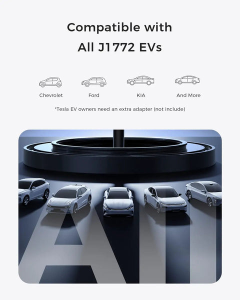 Heavy Duty Level 2 EV Charger With 40 Amp Flexibility And Rock Solid 240 Volt Wiring Built To Slash Downtime While Delivering Plug And Play Programming Plus A Beefy Twenty Foot Cord For All J1772 Rides compatibility shown with various EV models.