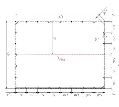 Diagram of Olive Green 12x16 Tarp, 12 Oz Polyester Heavy Duty, Water Resistant And Breathable, Finished Size 12 Foot By 16 Foot, Seams