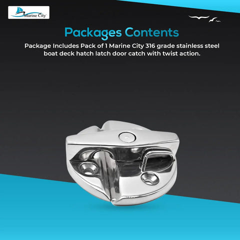 Top Tier 316 Marine Grade Stainless Steel Deck Hatch Latch Featuring A Solid Grip Twist Lock Catch For Saltwater Boats And Yachts Nasty Strong Coastal Watercraft Hardware Polished Finish For Kayaks, pack of 1, shown from the front.