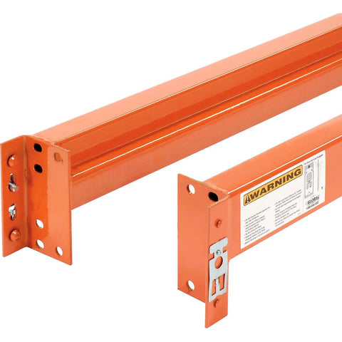 Heavy Duty Teardrop Pallet Rack Add On Unit Built Like A Tank For Warehouse Storage includes two orange steel shelf beams.