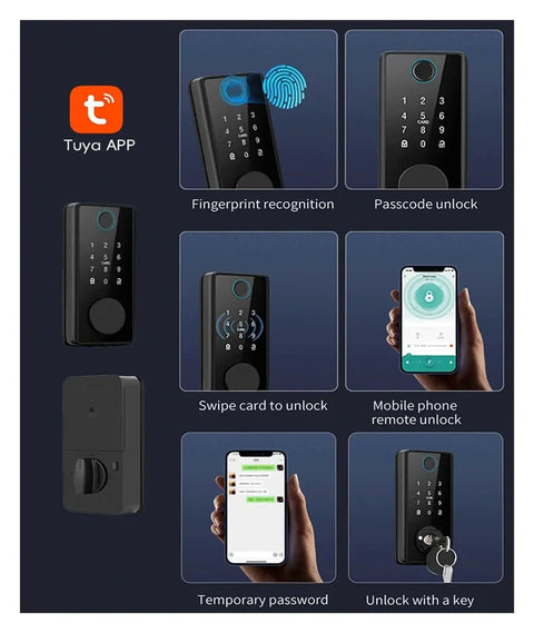 Slick Multi Language Smart Fingerprint Deadbolt Lock With Effortless Tuya App Pairing features fingerprint and passcode unlock.