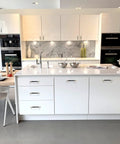 Modern kitchen with white cabinets and island, featuring 12 Pack Knurled Cabinet Handles 5 Inch Hole Center 6.2 Inch Length Aluminum Pulls.