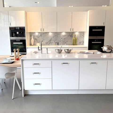 Modern kitchen with white cabinets and island, featuring 12 Pack Knurled Cabinet Handles 5 Inch Hole Center 6.2 Inch Length Aluminum Pulls.