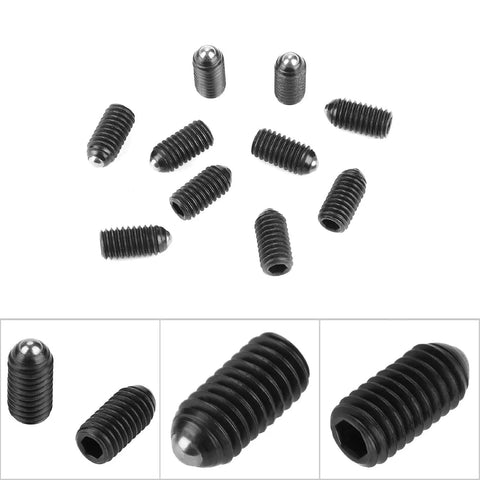 Pro-Grade M6 Carbon Steel Ball Nose Spring Plungers Hex Socket Locking Pins Ten Pack showing various sizes and details.