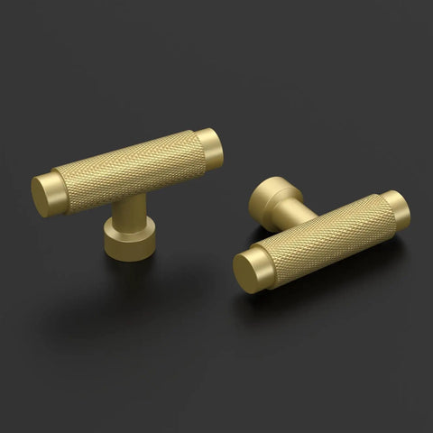 Premium 10 Pack Brushed Gold Knurled Cabinet Knobs showcasing two stylish knobs with textured grip on a black background.