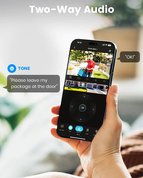 Hand holding phone app with Outdoor Solar Camera Security No Wires Needed With Fixed Solar Panel, showing live video feed and two-way audio feature.
