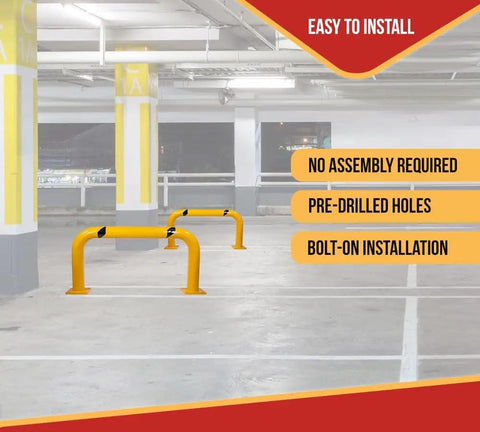 Two Pack Rugged Industrial Grade High Profile Steel Guard Rail Safety Barrier Yellow Powder Coat With Black Visibility Stripes Floor Mounted Bolt On For Warehouses And Parking Areas 24 By 48 Inch installed in parking area, showing easy installation features.