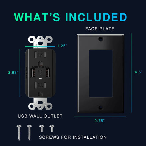 10 Pack 4.8A USB Wall Outlet With Dual USB Ports 15A Tamper Resistant Duplex Receptacle UL Listed White For Fast Charging iPhone iPad Tablets No Adapters Needed Back And Side Wired dimensions and inclusions.