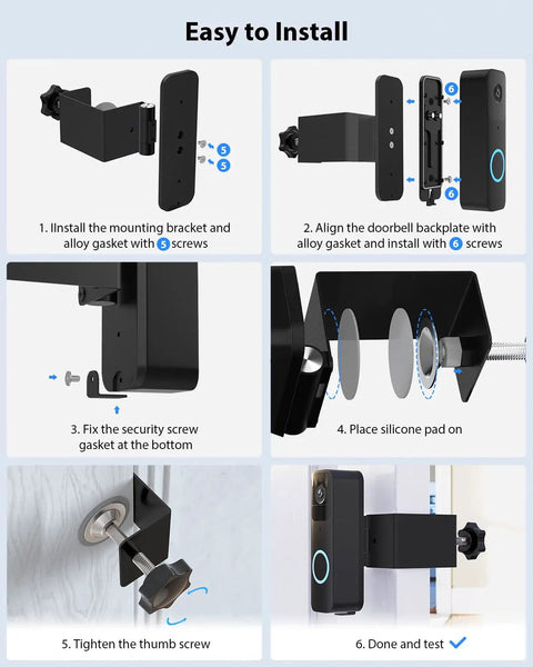 Installation steps for Adjustable Angle Doorbell Mount For Video Doorbells With 45 To 135 Degree Side Tilt, Anti Theft Design.
