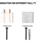 Lag Bolt Kit For TV Mount With M8 Bolts For Wood Studs And Concrete Anchors Includes Allen Key And Bubble Level Heavy Duty Steel Construction For Secure Wall Installation And Easy Re Mounting displayed with wood stud and concrete wall template.