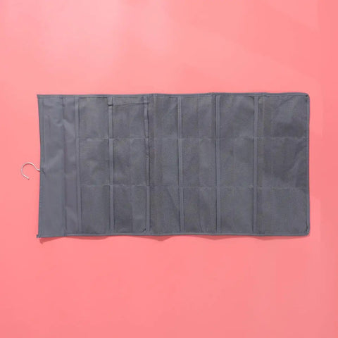 Double Sided Hanging Storage Organizer With Thirty Pockets For Socks Underwear And Clothes Dorm Room Door Wall Mount, gray fabric with strong hook.
