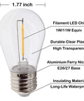 Close-up of a 25 Pack Replacement LED Bulbs For S14 String Lights Shatterproof Waterproof 1 Watt Equivalent, E26 base.
