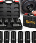 Weighted Half Inch Drive Harmonic Balancer Socket Set With 17Mm 19Mm 21Mm 22Mm 24Mm 27Mm Deep Impact Sockets Three Times Momentum Power Enhanced Grip For Stubborn Crank Bolts Heavy Duty Metric Socket Kit in a black carrying case with visible sockets.