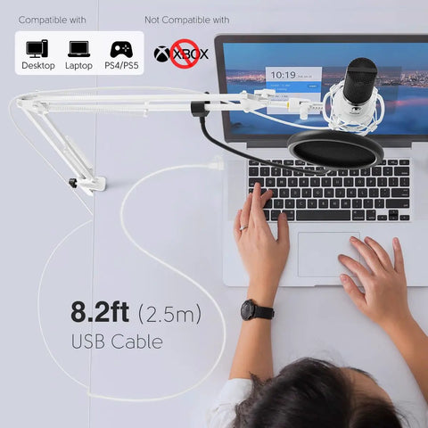 Next Level Usb Recording Microphone Kit For Vocals And Voice Overs Built Around A Massive 16Mm Diaphragm on a laptop with 8.2ft USB cable.