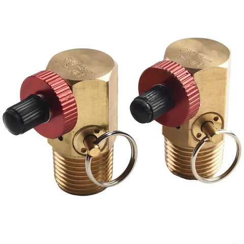 Premium Solid Brass Air Compressor Manifold with 1/4 Inch NPT Ports and Stainless Steel Spring Red Aluminum Knobs close-up view.