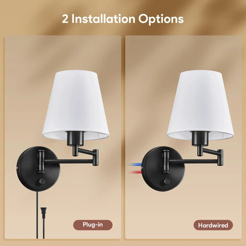 Modern Swing Arm Wall Light Plug In With White Fabric Shade, Black Metal Wall Sconce for Plug-in and Hardwired Installation