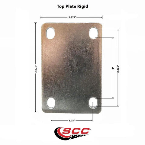 Heavy Duty Rigid Top Plate Caster featuring a 5 inch semi steel V groove wheel with roller bearings, top plate dimensions shown.